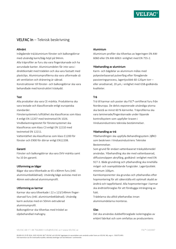 Teknisk beskrivning VELFAC In